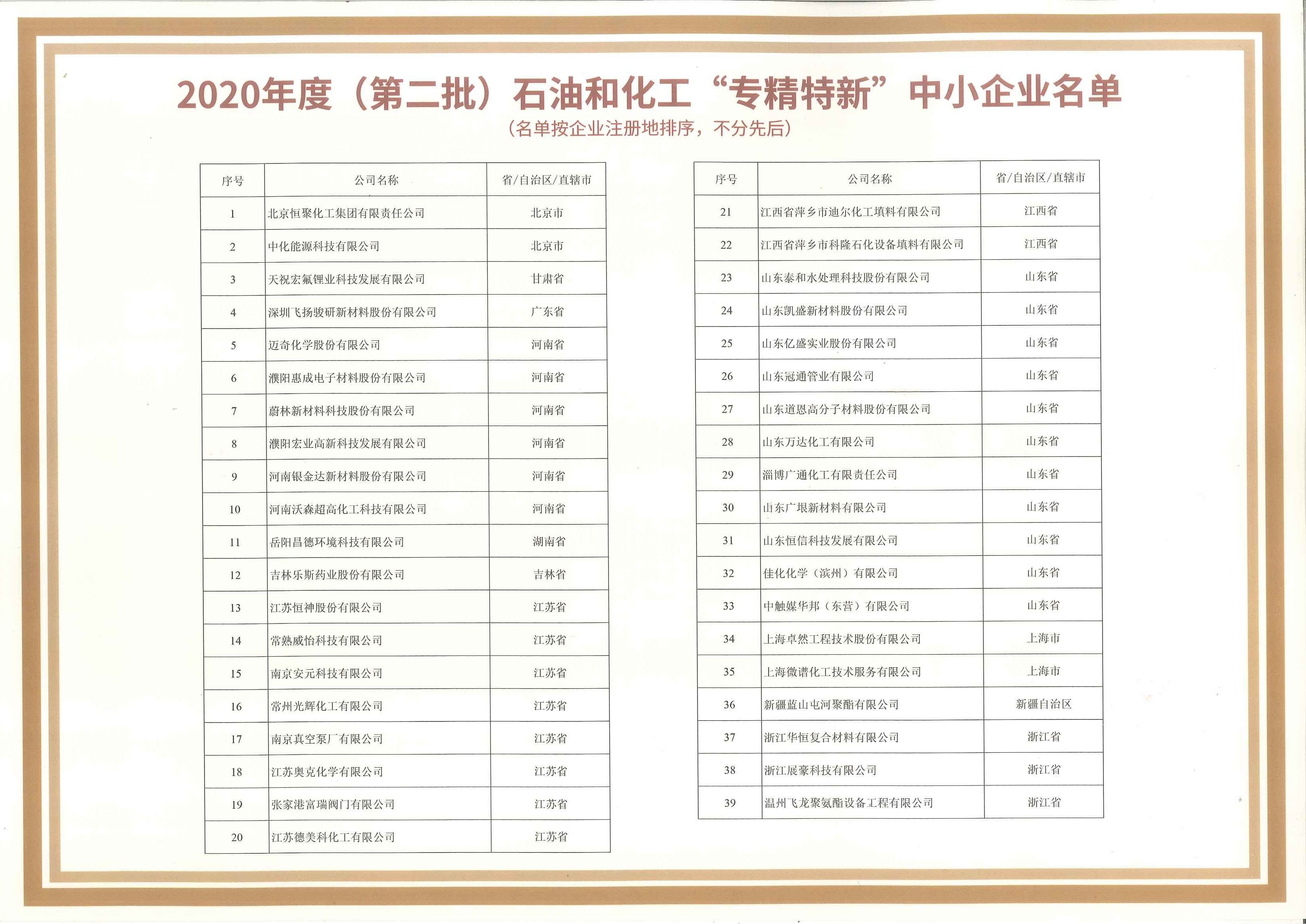 2020石油化工专精特新中小企业名单